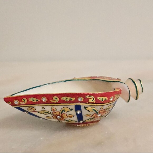 Conch Shell Shaped Marble Meenakari Shankh Decorative Trinket Tray Bowl - Picture 5 of 8